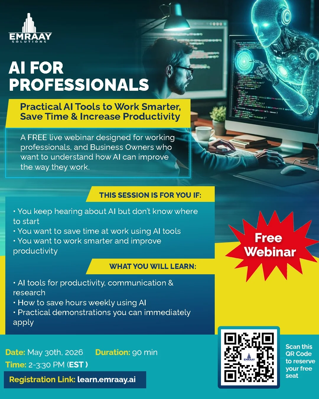 AI for Professionals — Free Live Webinar flyer (May 30, 2026)